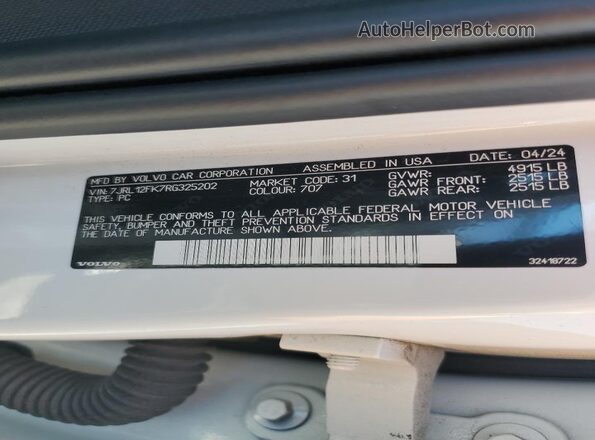 7JRL12FK7RG325202 2024 VOLVO S60 White 