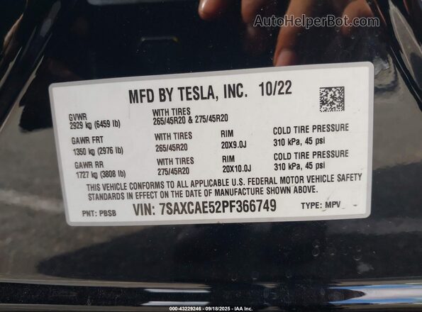 7SAXCAE52PF366749 2023 TESLA MODEL X Black Вид підкапотного простору