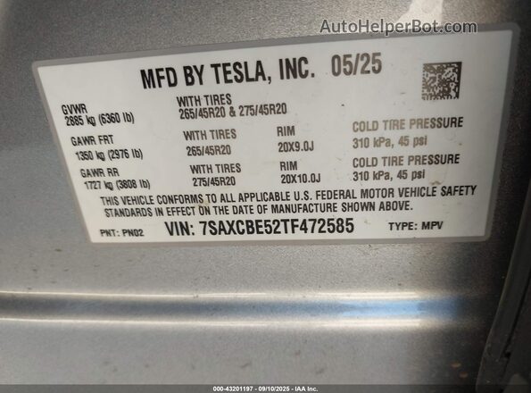 7SAXCBE52TF472585 2026 TESLA MODEL X Silver Вид підкапотного простору