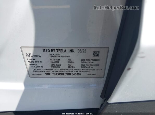 7SAXCDE53NF345097 2022 TESLA MODEL X Белый Вид подкапотного пространства