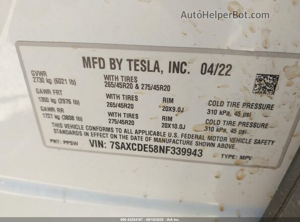7SAXCDE58NF339943 2022 TESLA MODEL X White Engine compartment view