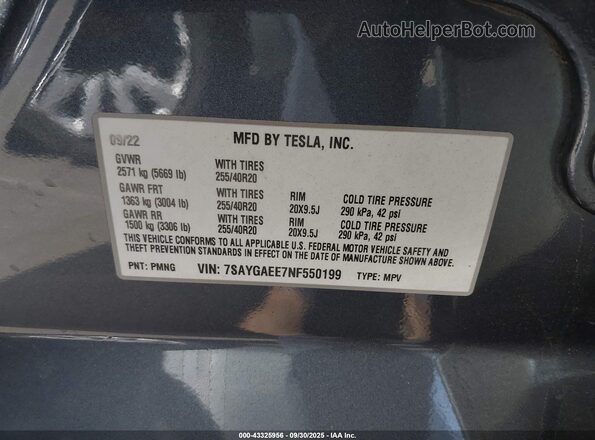 7SAYGAEE7NF550199 2022 TESLA MODEL Y Gray Vista del compartimento del motor