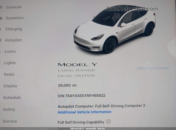 7SAYGAEEXNF468922 2022 TESLA MODEL Y White უკანა სავარძლების ხედი