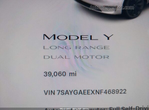 7SAYGAEEXNF468922 2022 TESLA MODEL Y White 