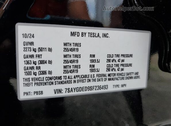 7SAYGDED9SF236493 2025 TESLA MODEL Black 