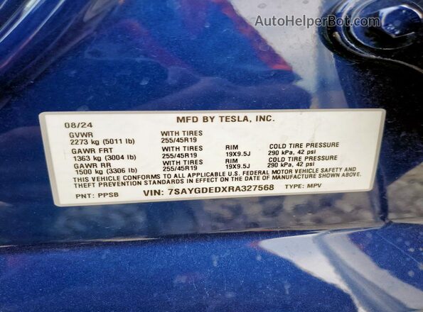 7SAYGDEDXRA327568 2024 TESLA MODEL Blue VIN sticker view