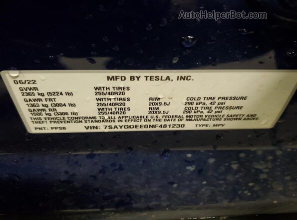 7SAYGDEE0NF481230 2022 TESLA MODEL Blue 