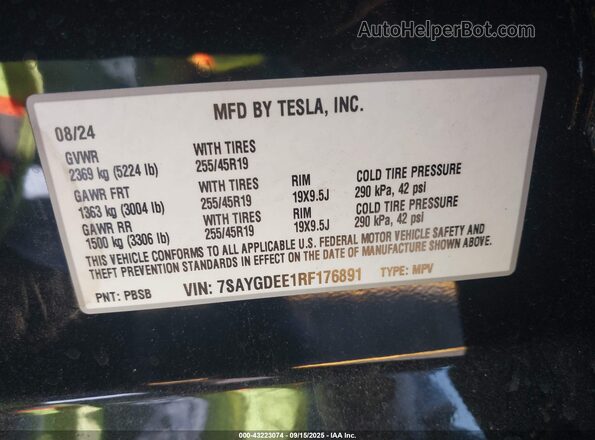 7SAYGDEE1RF176891 2024 TESLA MODEL Y Black ძრავის განყოფილების ხედი