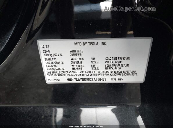 7SAYGDEE2SA356478 2025 TESLA MODEL Y Black Vista del compartimento del motor