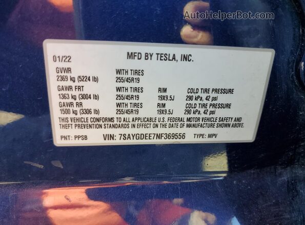 7SAYGDEE7NF369556 2022 TESLA MODEL Blue Вид наклейки з VIN-кодом