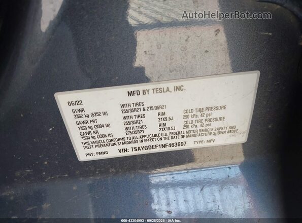 7SAYGDEF1NF463697 2022 TESLA MODEL Y Gray ძრავის განყოფილების ხედი