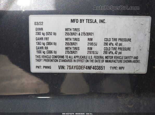 7SAYGDEF4NF403851 2022 TESLA MODEL Y Gray Widok komory silnika