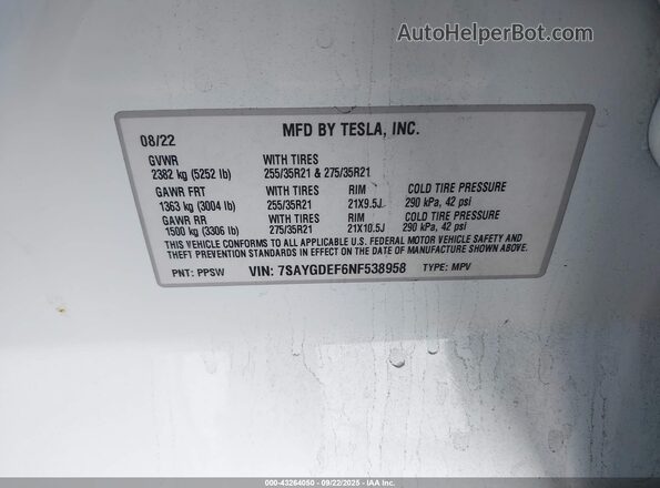 7SAYGDEF6NF538958 2022 TESLA MODEL Y White Вид підкапотного простору
