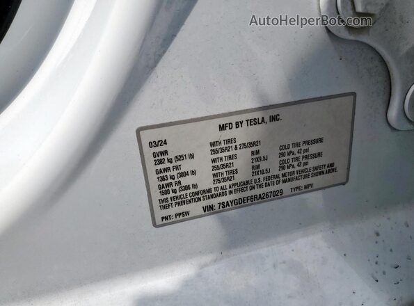 7SAYGDEF6RA267029 2024 TESLA MODEL White 