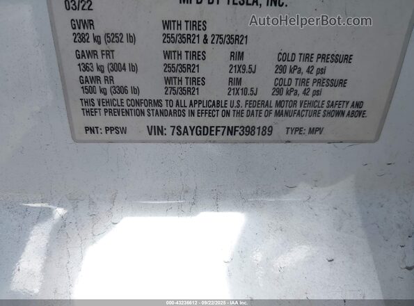 7SAYGDEF7NF398189 2022 TESLA MODEL Y White Вид підкапотного простору