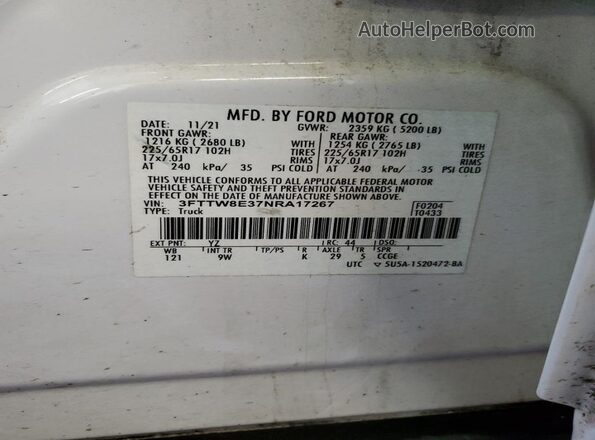 3FTTW8E37NRA17267 2022 FORD MAVERICK White 