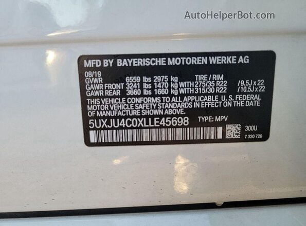 5UXJU4C0XLLE45698 2020 BMW X5 White Вид задніх сидінь