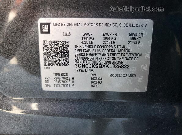 3GNCJKSBXKL235832 2019 CHEVROLET TRAX Gray VIN կոդի պիտակի տեսք