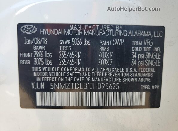 5NMZTDLB1JH095625 2018 HYUNDAI SANTA FE White 