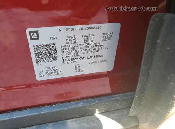 1GNERHKW3LJ244596 2020 CHEVROLET TRAVERSE Red Панорамний вид салону 360°