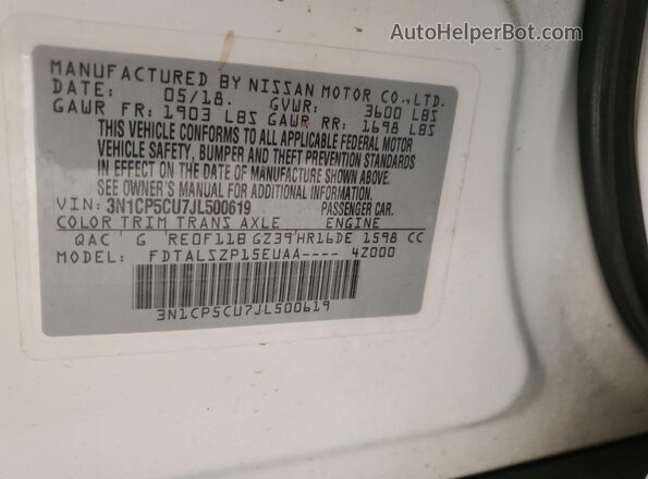 3N1CP5CU7JL500619 2018 NISSAN KICKS White 