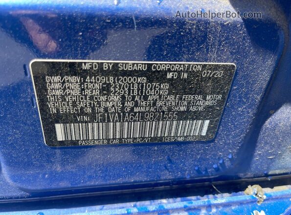 JF1VA1A64L9821555 2020 SUBARU WRX Blue Вид задніх сидінь