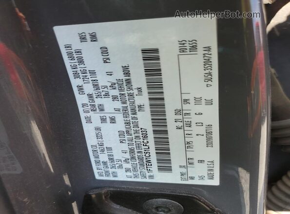 1FTEW1C51LFC16037 2020 FORD F150 Gray Вид наклейки з VIN-кодом