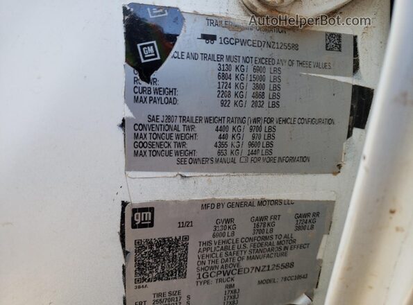 1GCPWCED7NZ125588 2022 CHEVROLET SILVERADO White 