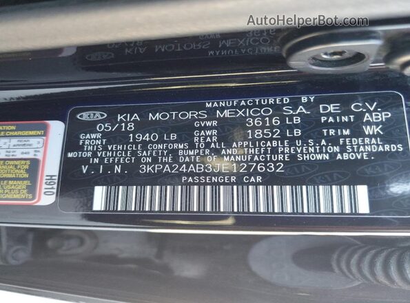 3KPA24AB3JE127632 2018 KIA RIO Black 