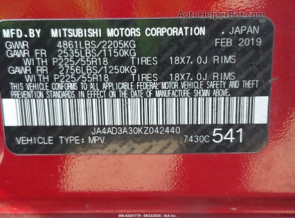 JA4AD3A30KZ042440 2019 MITSUBISHI OUTLANDER Burgundy Widok komory silnika