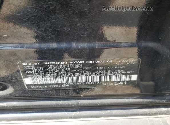 JA4AD3A37LZ040797 2020 MITSUBISHI OUTLANDER Black Շարժիչի բաժամունքի տեսք
