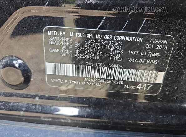 JA4AJ4AW4LU602239 2020 MITSUBISHI RVR Black VIN კოდის სტიკერის ხედი