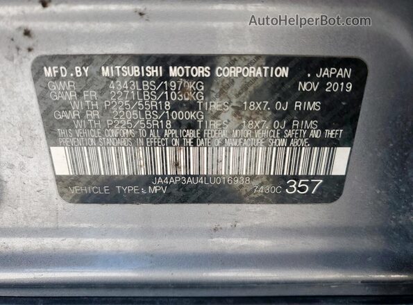JA4AP3AU4LU016938 2020 MITSUBISHI OUTLANDER Silver Вид наклейки з VIN-кодом