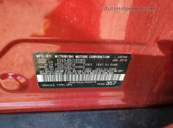 JA4AP3AU5JU002575 2018 MITSUBISHI OUTLANDER Красный 