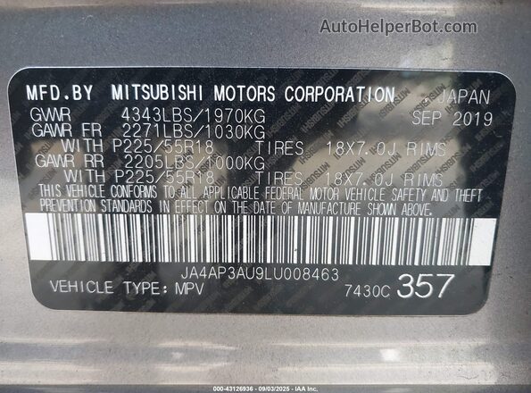 JA4AP3AU9LU008463 2020 MITSUBISHI OUTLANDER SPORT Gray Vista del compartimento del motor
