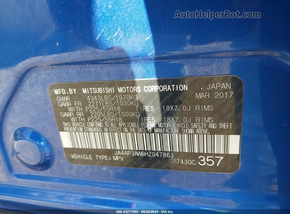 JA4AP3AW6HZ047863 2017 MITSUBISHI OUTLANDER SPORT Синий 