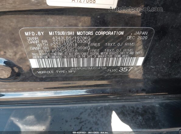JA4APUAU3MU014766 2021 MITSUBISHI OUTLANDER SPORT Black Engine compartment view
