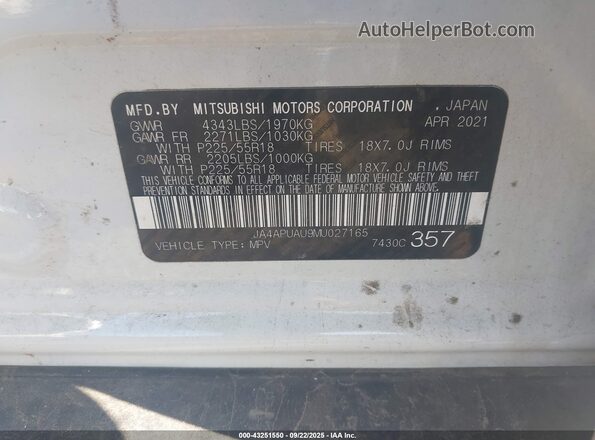 JA4APUAU9MU027165 2021 MITSUBISHI OUTLANDER SPORT White 
