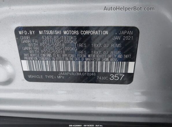JA4APVAU3MU018046 2021 MITSUBISHI OUTLANDER SPORT Silver Engine compartment view