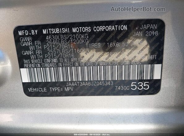 JA4AT3AA6JZ045343 2018 MITSUBISHI ECLIPSE CROSS Silver Engine compartment view
