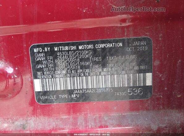 JA4AT5AA2LZ016775 2020 MITSUBISHI ECLIPSE CROSS Red 