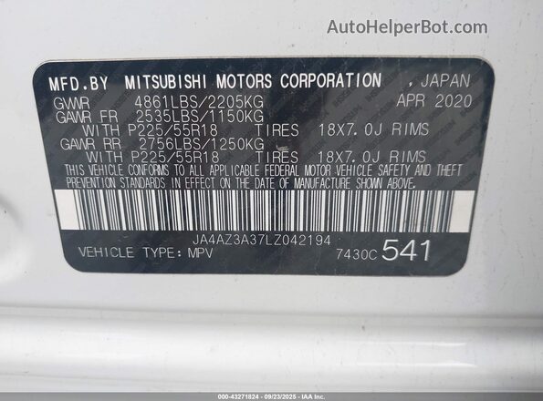 JA4AZ3A37LZ042194 2020 MITSUBISHI OUTLANDER White Շարժիչի բաժամունքի տեսք