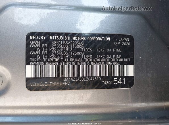 JA4AZ3A38LZ044519 2020 MITSUBISHI OUTLANDER Gray Вид підкапотного простору