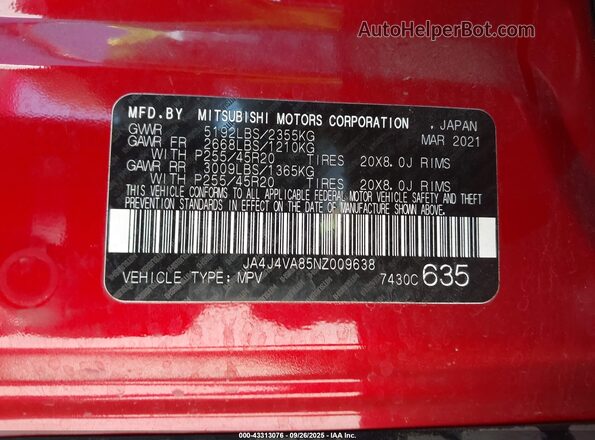 JA4J4VA85NZ009638 2022 MITSUBISHI OUTLANDER Красный Вид подкапотного пространства