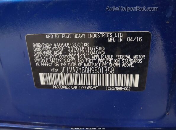 JF1VA2Y68H9801358 2017 SUBARU WRX STI Blue Widok komory silnika