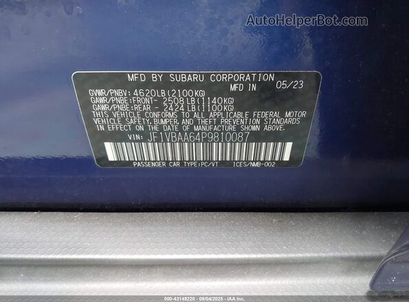 JF1VBAA64P9810087 2023 SUBARU WRX Синий Вид подкапотного пространства