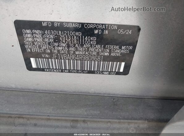 JF1VBAB64R9808681 2024 SUBARU WRX Серебряный Вид подкапотного пространства