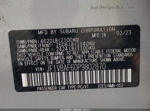 JF1VBAF60P9802870 2023 SUBARU WRX Silver Շարժիչի բաժամունքի տեսք