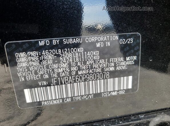 JF1VBAF60P9803078 2023 SUBARU WRX Черный Вид наклейки с VIN-кодом
