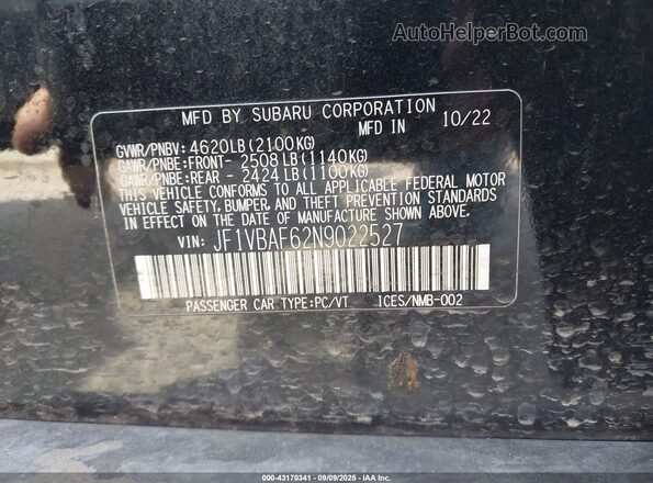 JF1VBAF62N9022527 2022 SUBARU WRX Black Engine compartment view